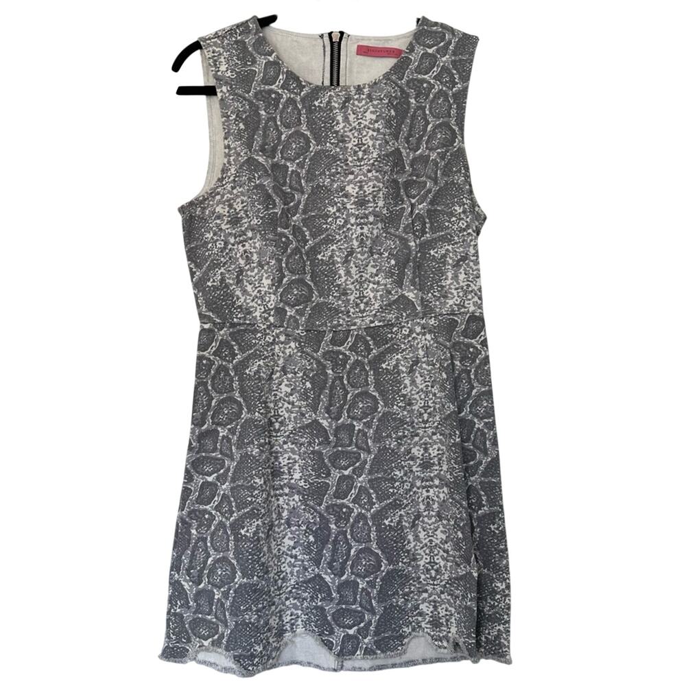 Signature8 (M) Snakeskin Denim Mini Dress- High Neck, Frayed Hem White/Gray